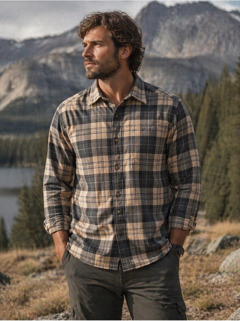LL Bean Plaid Flannel Shirt Men XL Outdoor Hiking Gorpcore Button Down Neutral